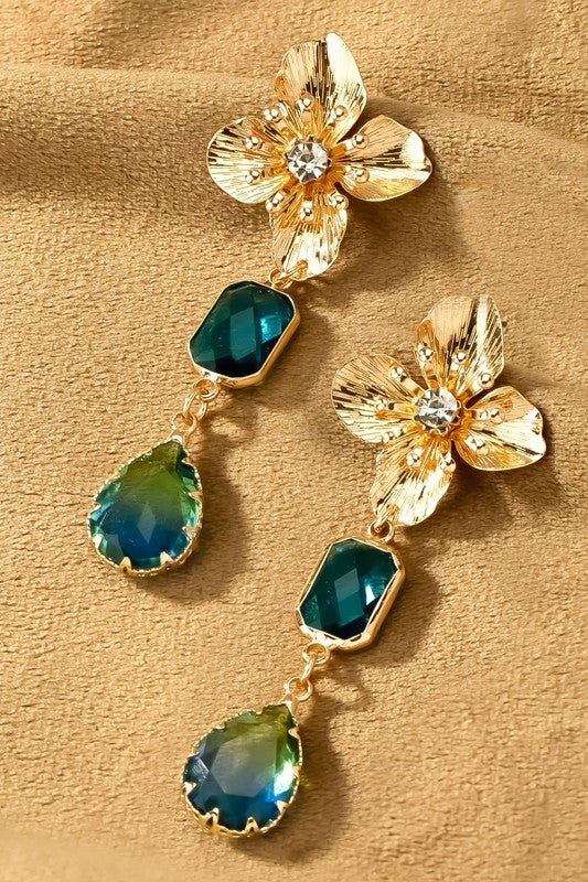 Flower stud earrings with aquamarine drops