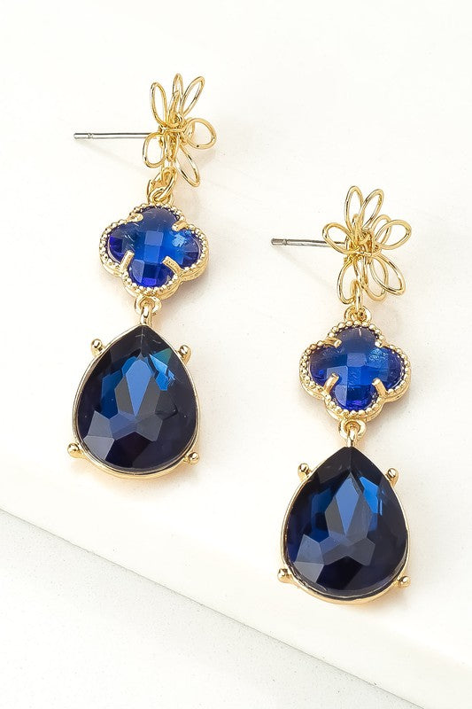 3 tier flower and royal blue linear drop earrings